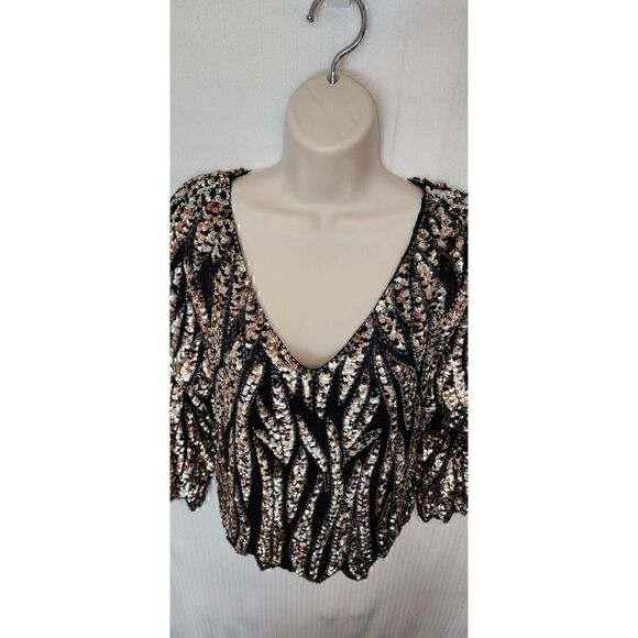 Oleg Cassini V-Neck Scalloped Black Jewel Beaded Sequin Silk Top Size Sm… - Picture 8 of 9